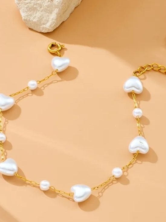 Jewelry - Gold Chain Bracelet with White Heart Pearls - Women Jewelry
